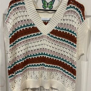 Altar'd State Cream Open-Knit V-Neck Stripe Sweater Vest